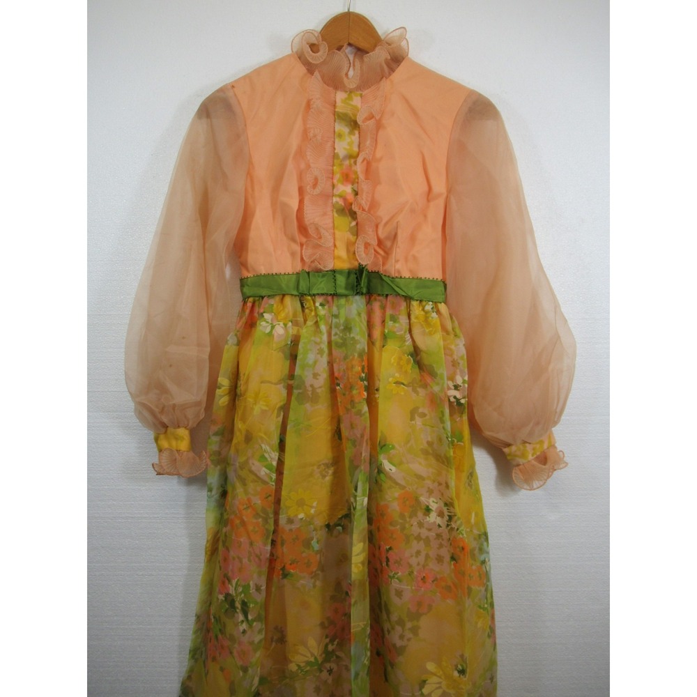 Vintage 60s 70s Sylvia Ann Flocked Dress Women 8 Floral Ruffle Long Sleeve